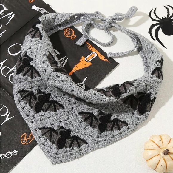 Accessories - 🌿SOLD🌿 Gray & Black Bat 🦇 Crocheted Bandana - Spooky Dog or Hair Accessory